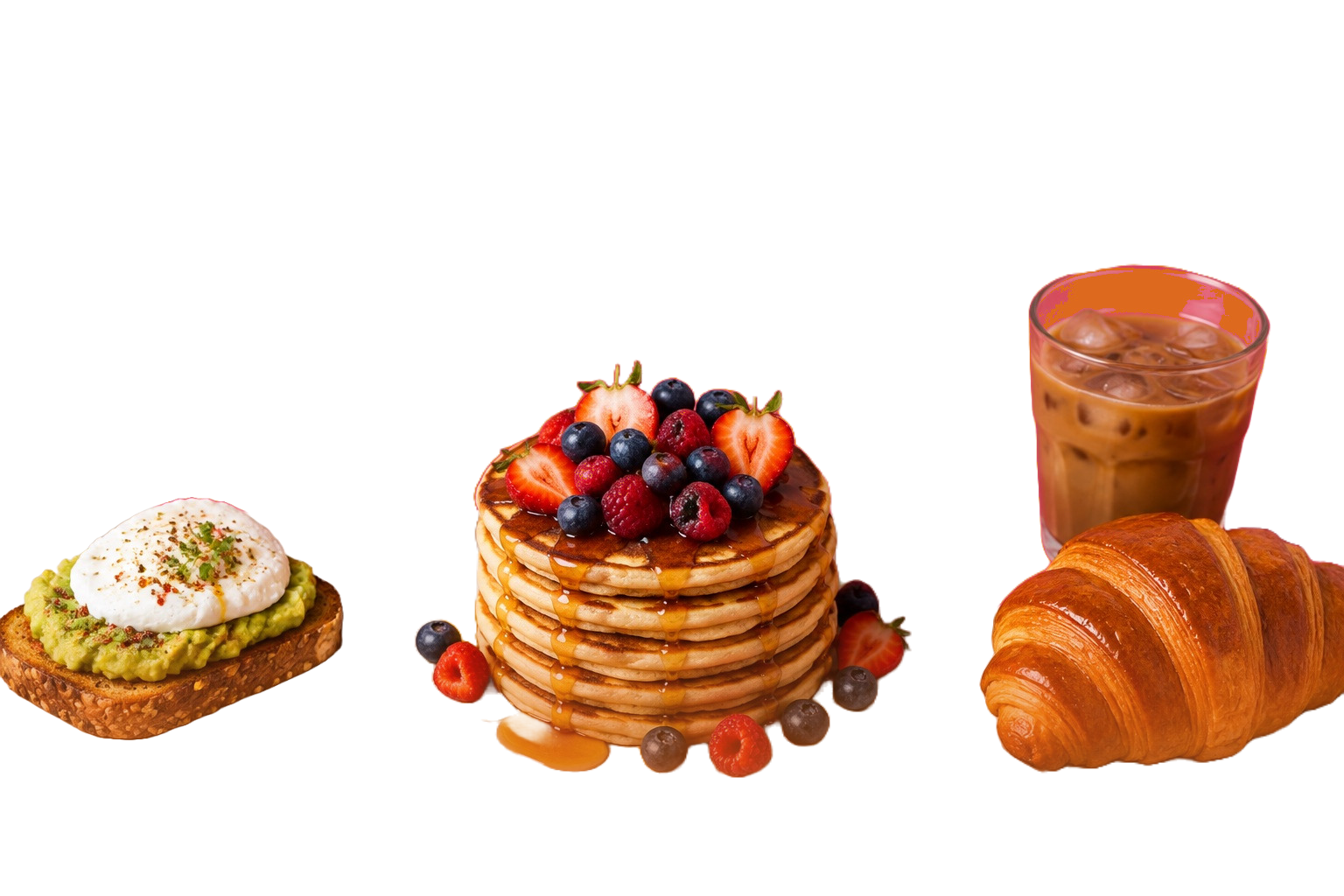 Pancakes généreux aux fruits rouges et sirop, tartine d’avocat avec œuf poché, croissant doré et café glacé sur une table.